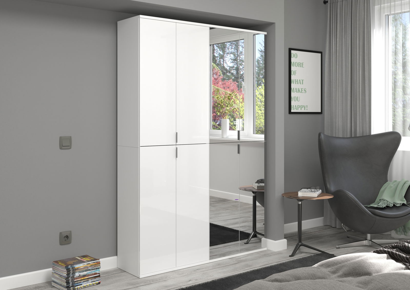 MID.YOU Garderobenkombination PROJEKT X Moderne Garderobenkombination in Weiß mit Hochglanzoberfläche, bestehend aus zwei hohen Schränken und einem Spiegel, seitliche Perspektive.