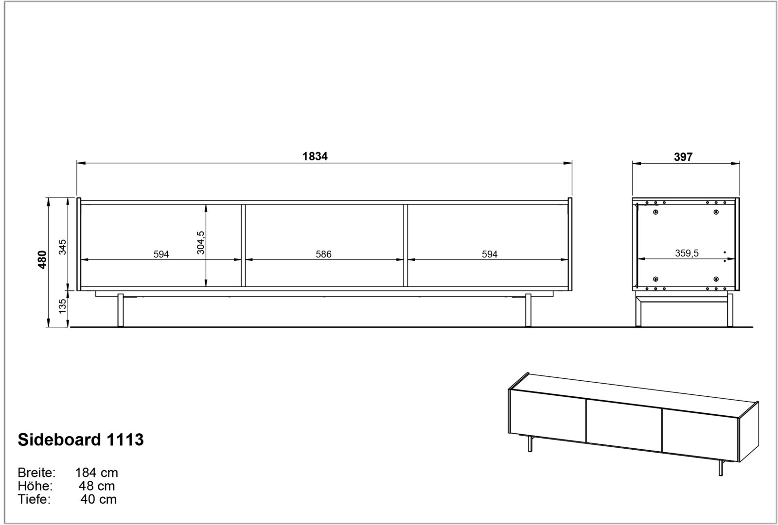 Technische tekening van een tv-lowboard met de volgende afmetingen: breedte 184 cm, hoogte 48 cm, diepte 40 cm. Vooraanzicht en zijaanzicht van het meubelstuk.
