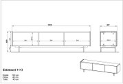 Technische tekening van een tv-lowboard met de volgende afmetingen: breedte 184 cm, hoogte 48 cm, diepte 40 cm. Vooraanzicht en zijaanzicht van het meubelstuk.