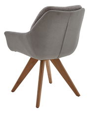 Rückansicht eines grauen Armlehnstuhls mit Holzbeinen