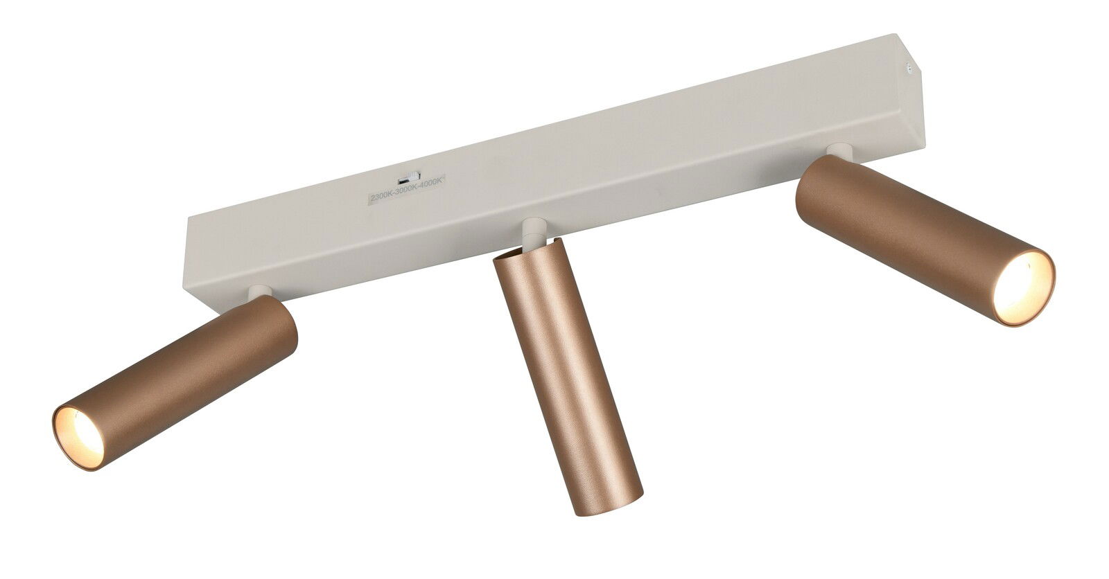 Dreifacher Deckenstrahler in Bronzeoptik, seitliche Perspektive