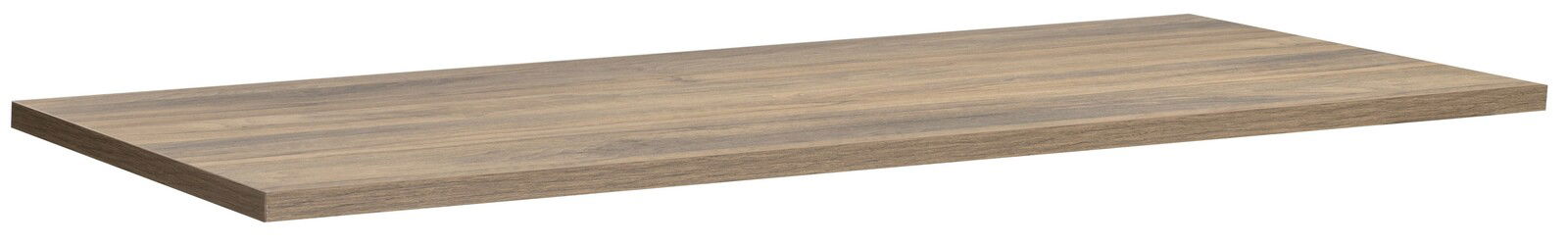 Holzfarbene Tischplatte der E-Serie E-START, perspektivisch von schräg oben fotografiert.