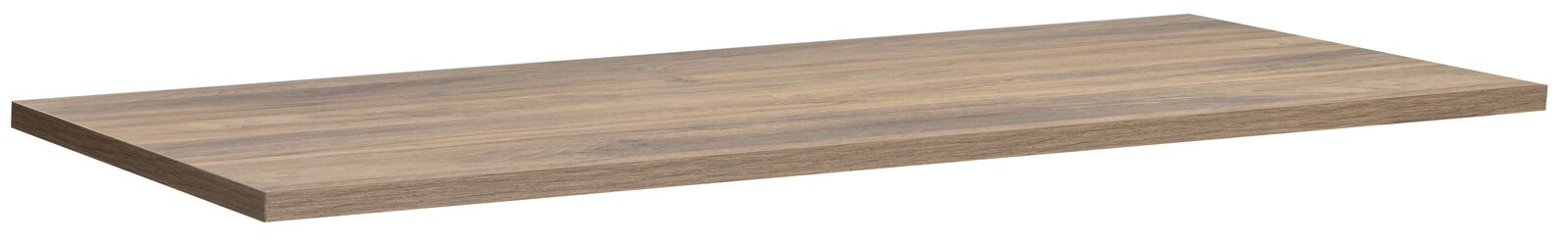 Holzfarbene Tischplatte der E-Serie E-START, perspektivisch von schräg oben fotografiert.