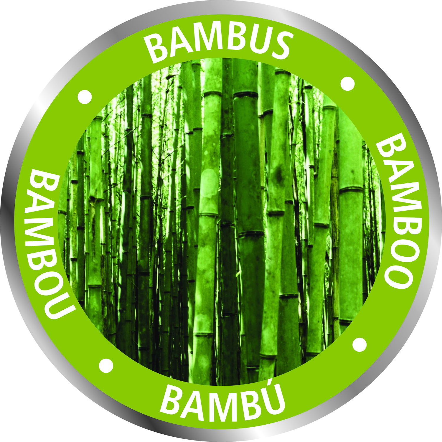 Nahaufnahme von grünen Bambusstämmen, umgeben von einem grünen Kreis mit der Aufschrift 'Bambus' in verschiedenen Sprachen.