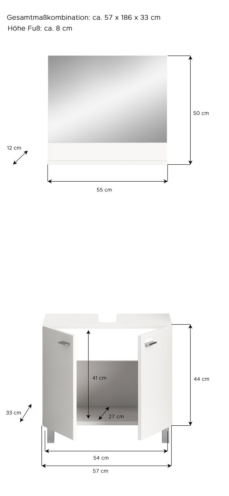 Badezimmerschrank-Kombination mit Spiegel und Unterschrank, Frontansicht. Maße: 57 x 186 x 33 cm.