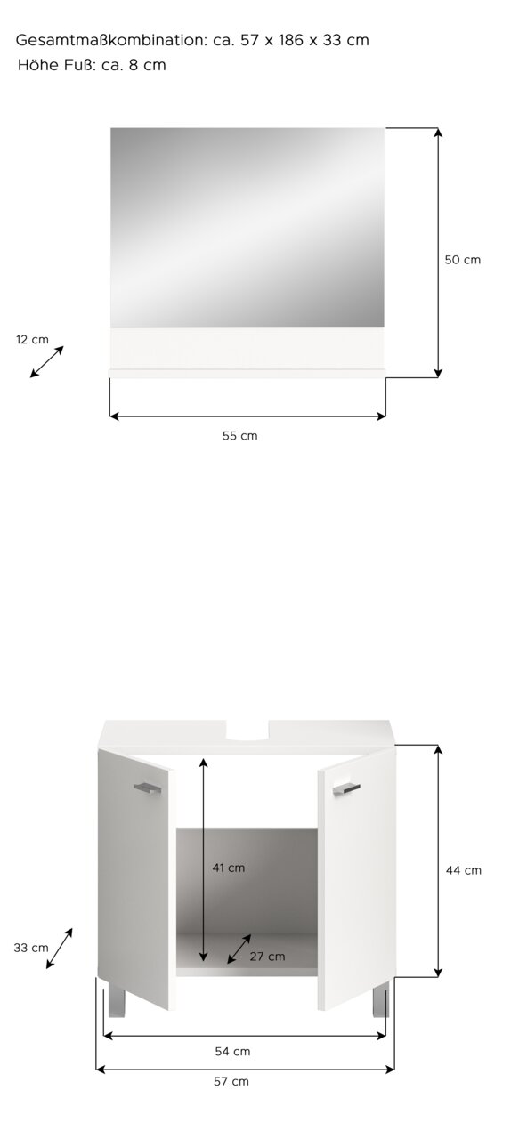 Badezimmerschrank-Kombination mit Spiegel und Unterschrank, Frontansicht. Maße: 57 x 186 x 33 cm.