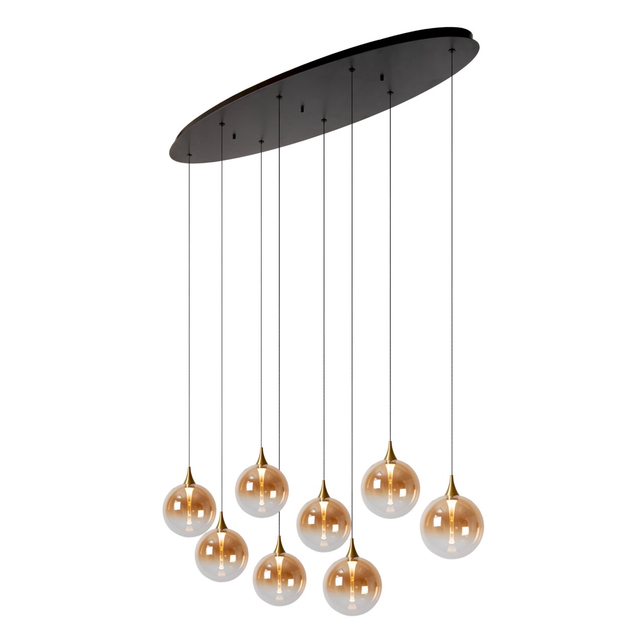 Hängeleuchte mit acht kugelförmigen, goldenen Lampenschirmen, die an dünnen Kabeln von einer ovalen Deckenplatte hängen. Perspektive von unten.