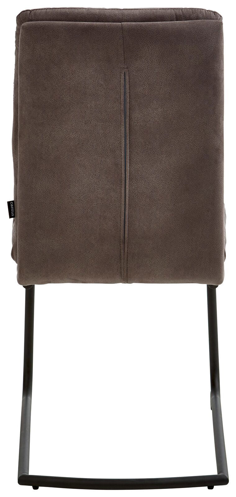 Rückansicht eines modernen Freischwingers mit grauem Polster und schwarzem Metallgestell.