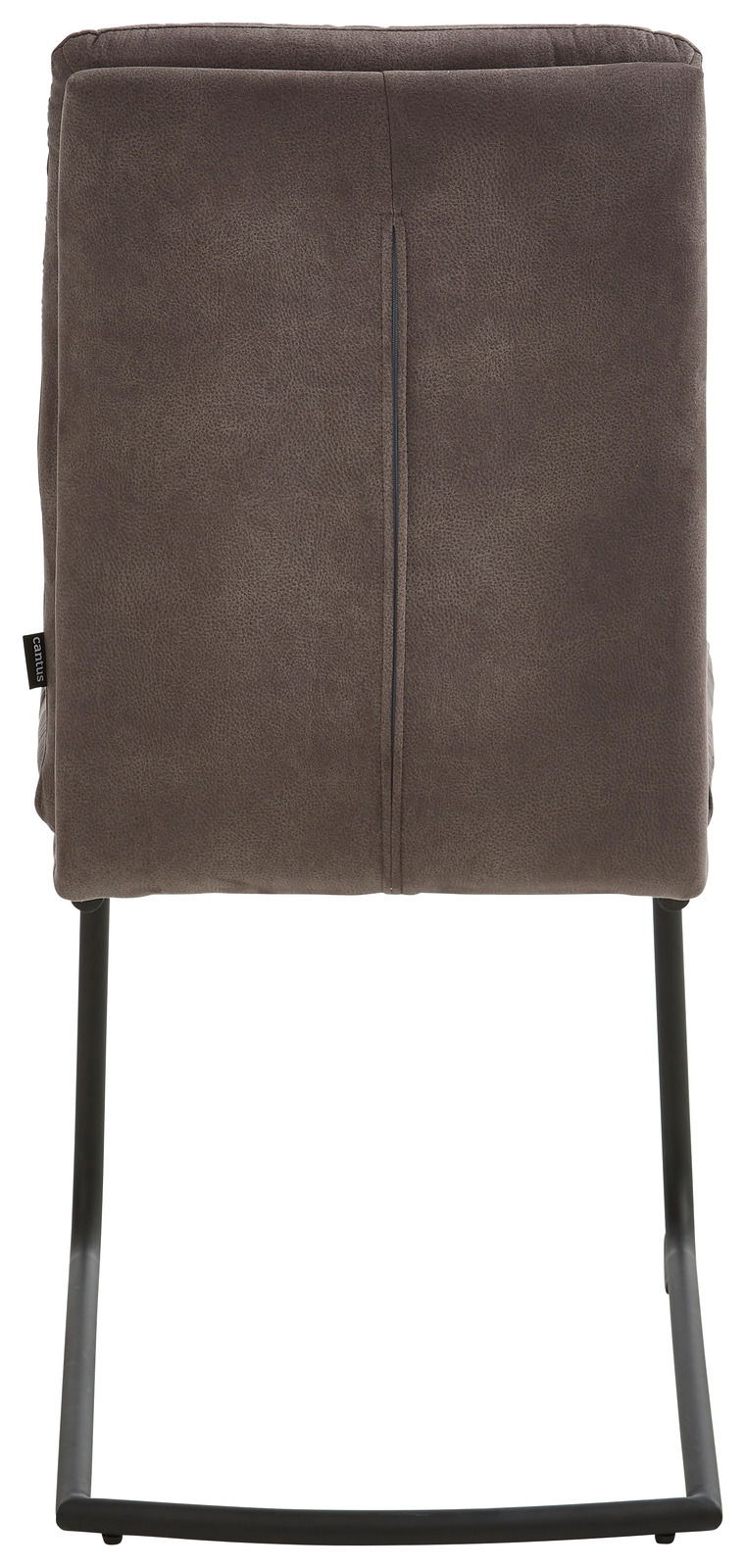 Rückansicht eines modernen Freischwingers mit grauem Polster und schwarzem Metallgestell.