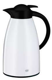 Witte isoleerkan/thermoskan met zwarte deksel en handgreep, zijaanzicht (lichte hoek) op witte achtergrond