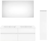 Moderne Badkombination bestehend aus einem großen rechteckigen Spiegel, einem Doppelwaschtisch mit vier Schubladen und einem hohen, schmalen Schrank, frontal betrachtet.