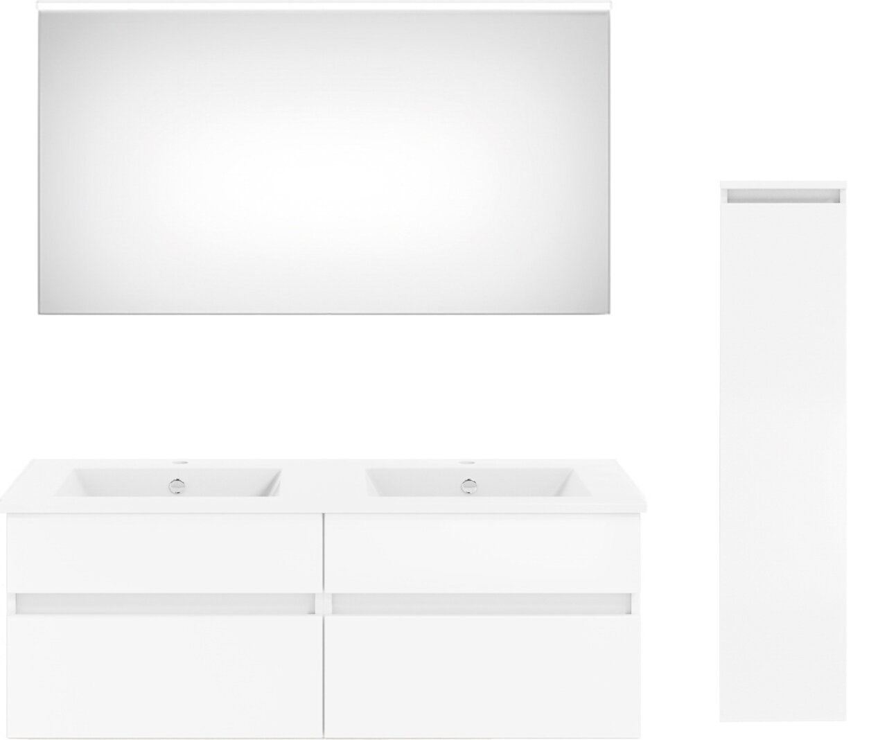 Puris Badkombination GET2YOU 21 Moderne Badkombination bestehend aus einem großen rechteckigen Spiegel, einem Doppelwaschtisch mit vier Schubladen und einem hohen, schmalen Schrank, frontal betrachtet.