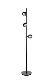 Moderne Stehleuchte mit drei verstellbaren Leuchtköpfen in mattem Schwarz und Metalloptik, seitliche Perspektive