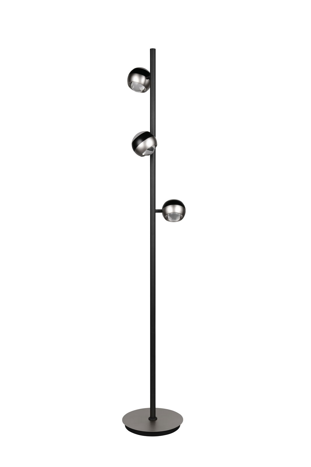 Moderne Stehleuchte mit drei verstellbaren Leuchtköpfen in mattem Schwarz und Metalloptik, seitliche Perspektive