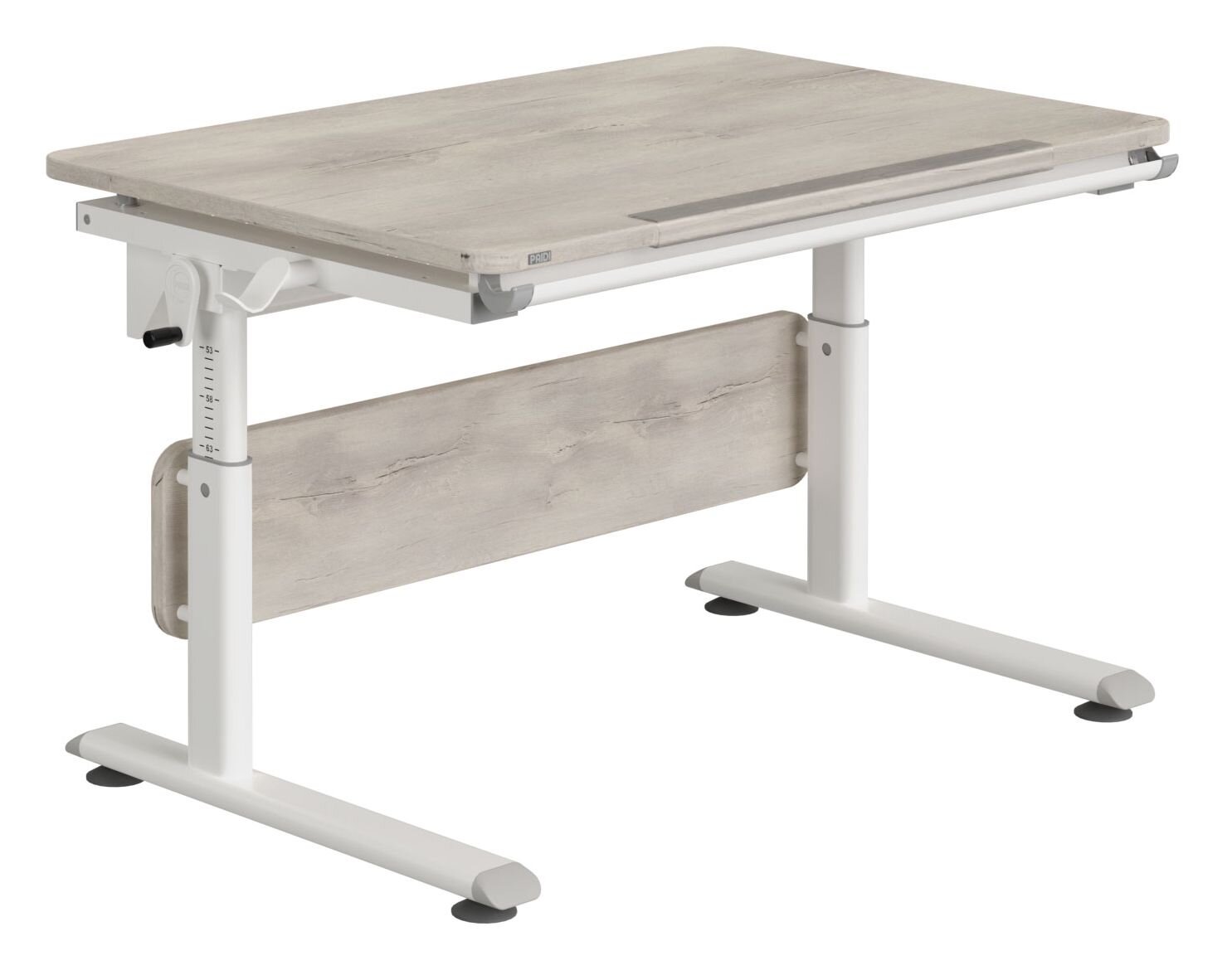 Moderner höhenverstellbarer Schreibtisch mit weißem Gestell und Holzplatte, seitliche Perspektive