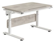 Moderner höhenverstellbarer Schreibtisch mit weißem Gestell und Holzplatte, seitliche Perspektive