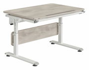 Moderner höhenverstellbarer Schreibtisch mit weißem Gestell und Holzplatte, seitliche Perspektive