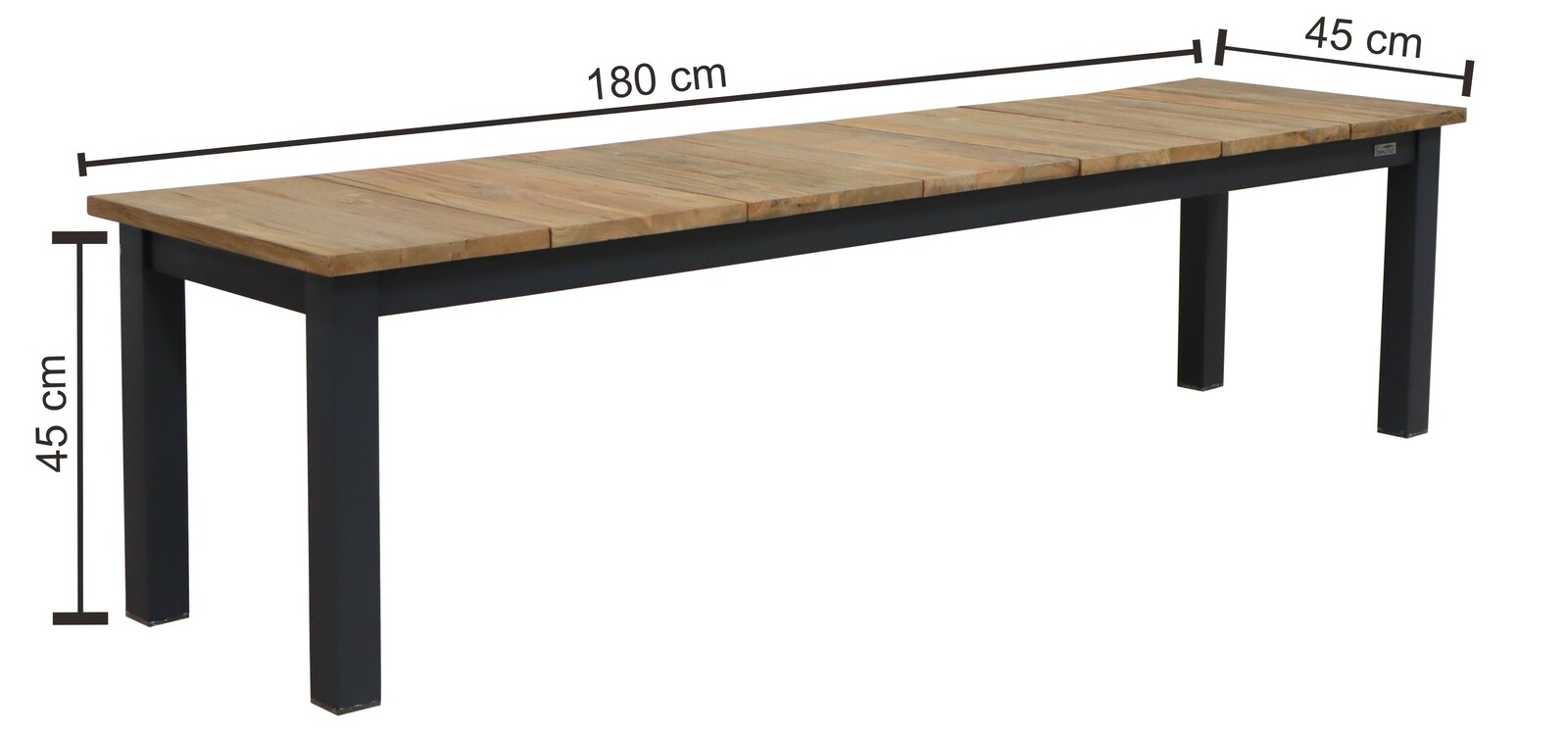 Gartenbank aus Holz und Metall, seitliche Perspektive, 180 cm lang, 45 cm breit und 45 cm hoch