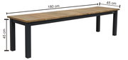 Gartenbank aus Holz und Metall, seitliche Perspektive, 180 cm lang, 45 cm breit und 45 cm hoch