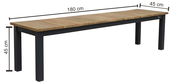 Gartenbank aus Holz und Metall, seitliche Perspektive, 180 cm lang, 45 cm breit und 45 cm hoch