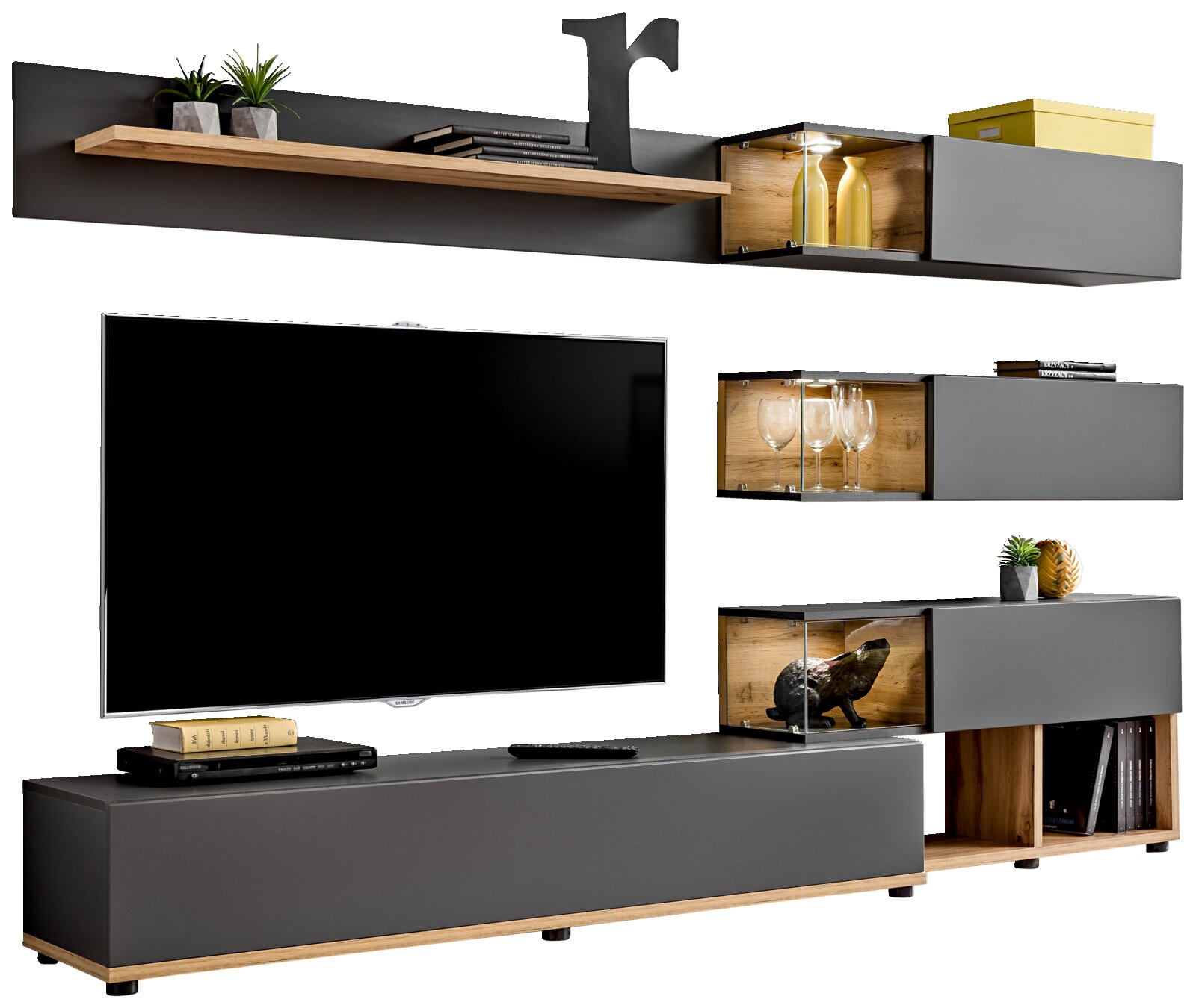 Moderne TV-Lowboard-Kombination in dunklem Grau mit Holzakzenten, bestehend aus einem großen TV-Schrank, mehreren Wandregalen und Vitrinen, frontal betrachtet.