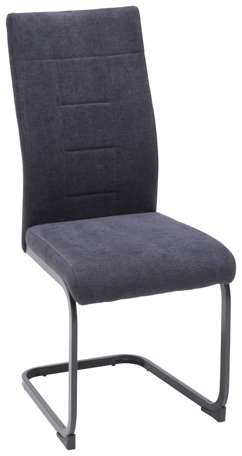 Moderner Schwingstuhl mit grauem Stoffbezug und Metallgestell, seitliche Perspektive