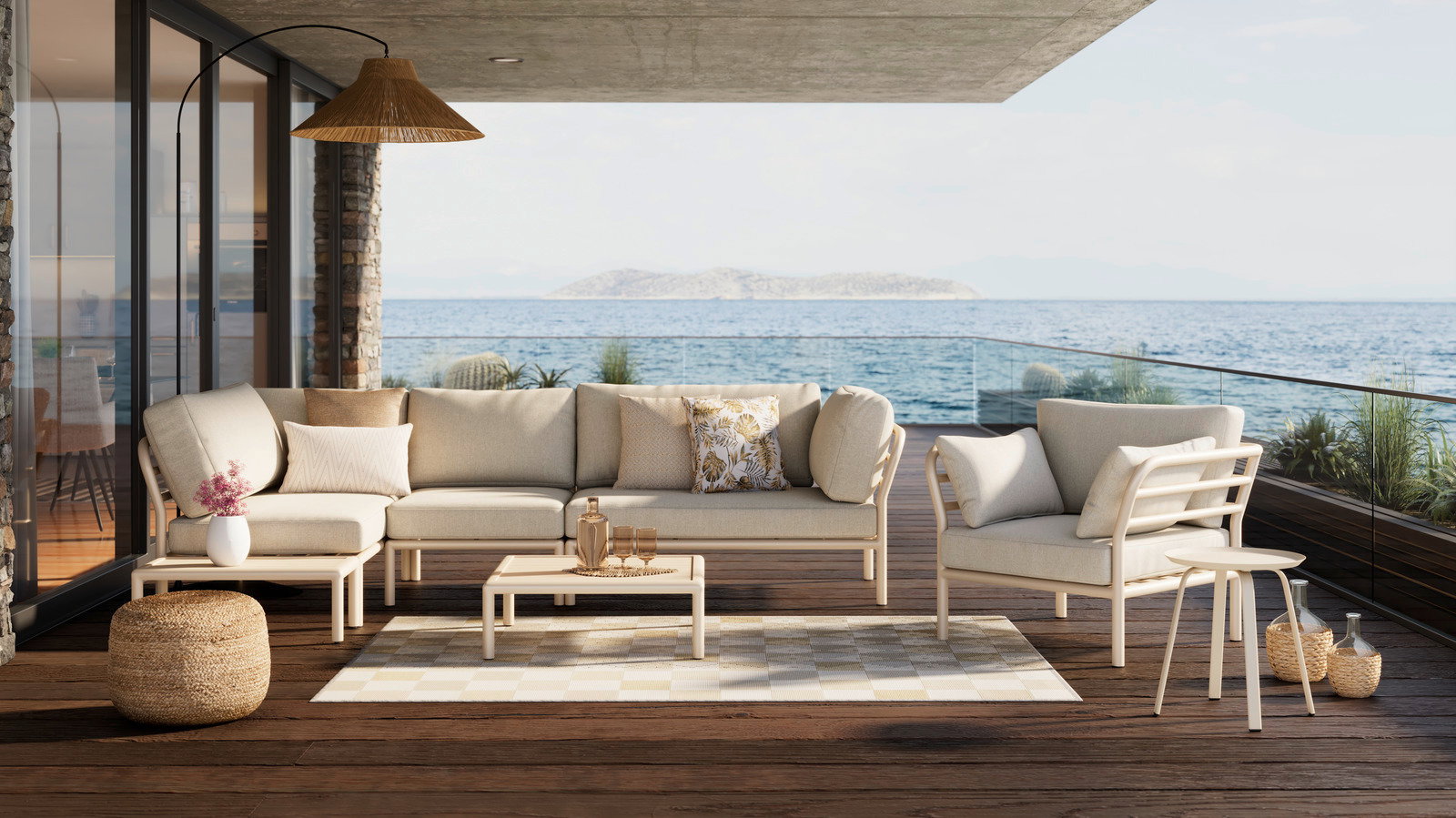 Ambia Garden Beistelltisch KATI Moderner Beistelltisch auf einer Terrasse mit Meerblick, umgeben von stilvollen Gartenmöbeln, aus der Perspektive von vorne.