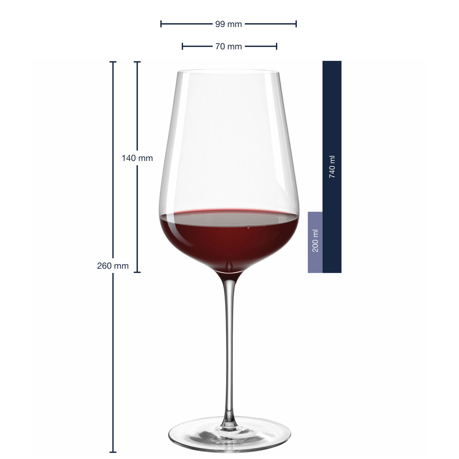 Rotweinglas Brunelli 740ml, seitliche Ansicht mit Maßangaben