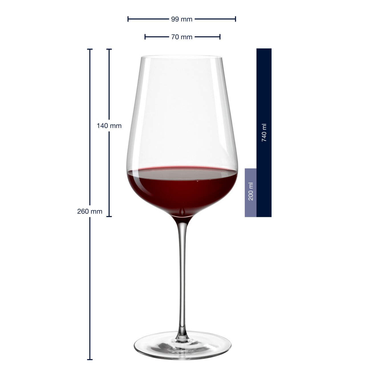 Brunelli-roodwijnglas 740 ml, zijaanzicht met afmetingen