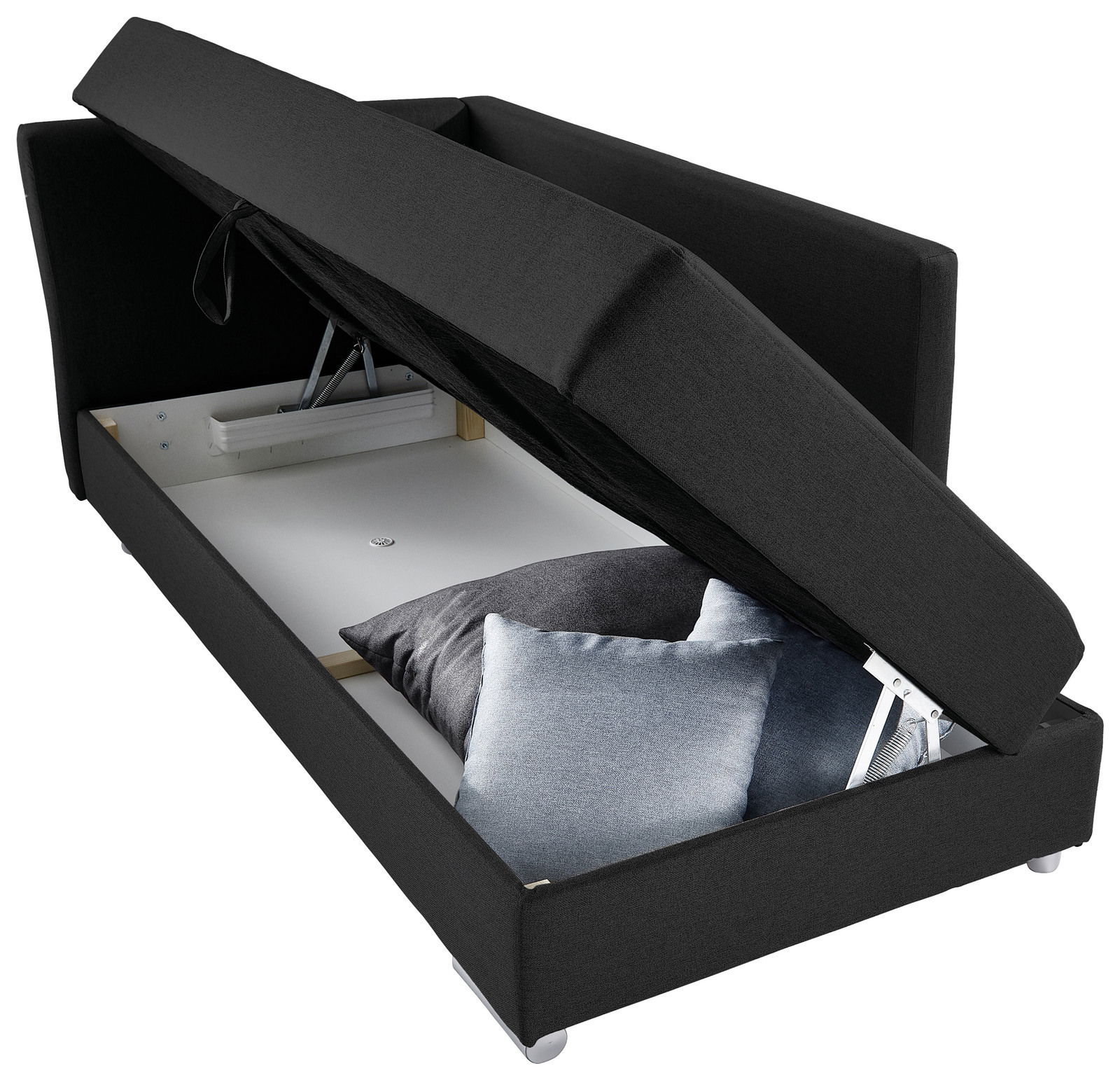 Funktionssofa in schwarzem Stoff mit geöffneter Stauraumfunktion, seitliche Perspektive