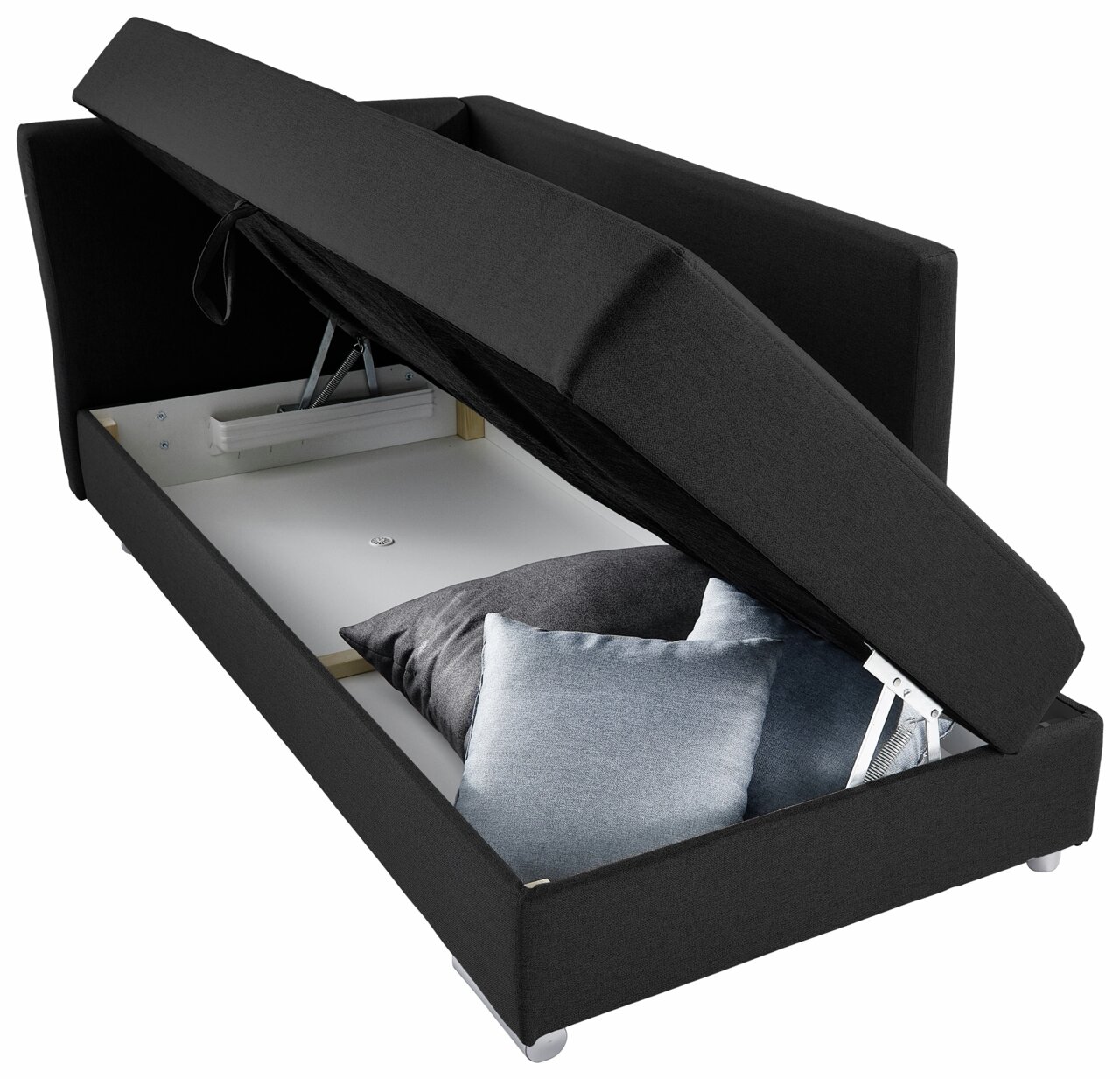 Funktionssofa in schwarzem Stoff mit geöffneter Stauraumfunktion, seitliche Perspektive