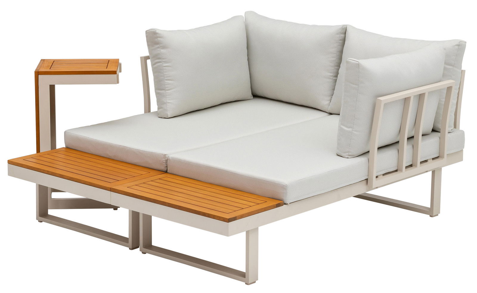 Moderne Gartenlounge mit hellen Kissen und integrierten Holzelementen, seitliche Perspektive