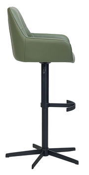 Seitenansicht eines grünen Barhockers mit schwarzem Metallgestell und Fußstütze