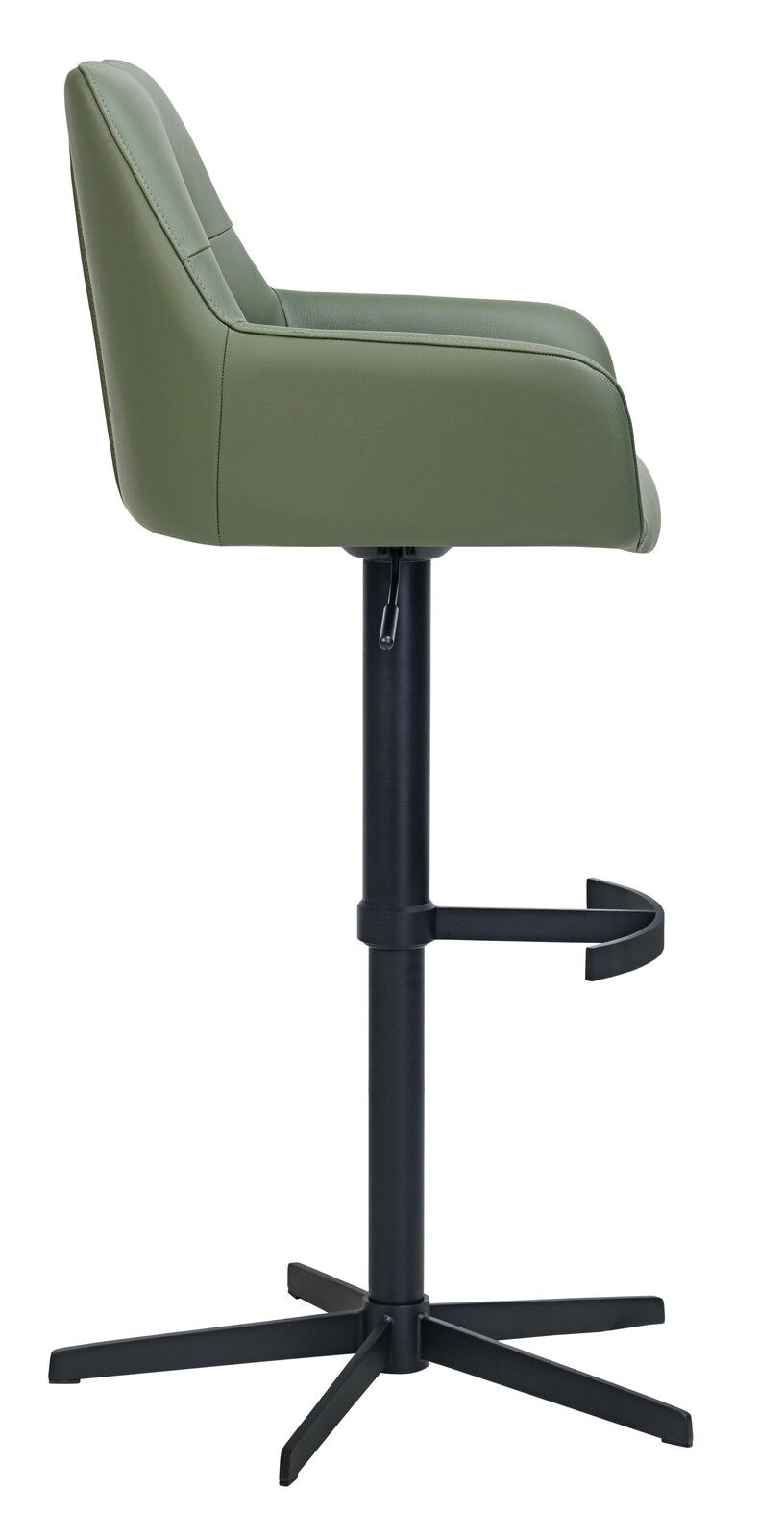 Seitenansicht eines grünen Barhockers mit schwarzem Metallgestell und Fußstütze