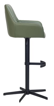 Seitenansicht eines grünen Barhockers mit schwarzem Metallgestell und Fußstütze