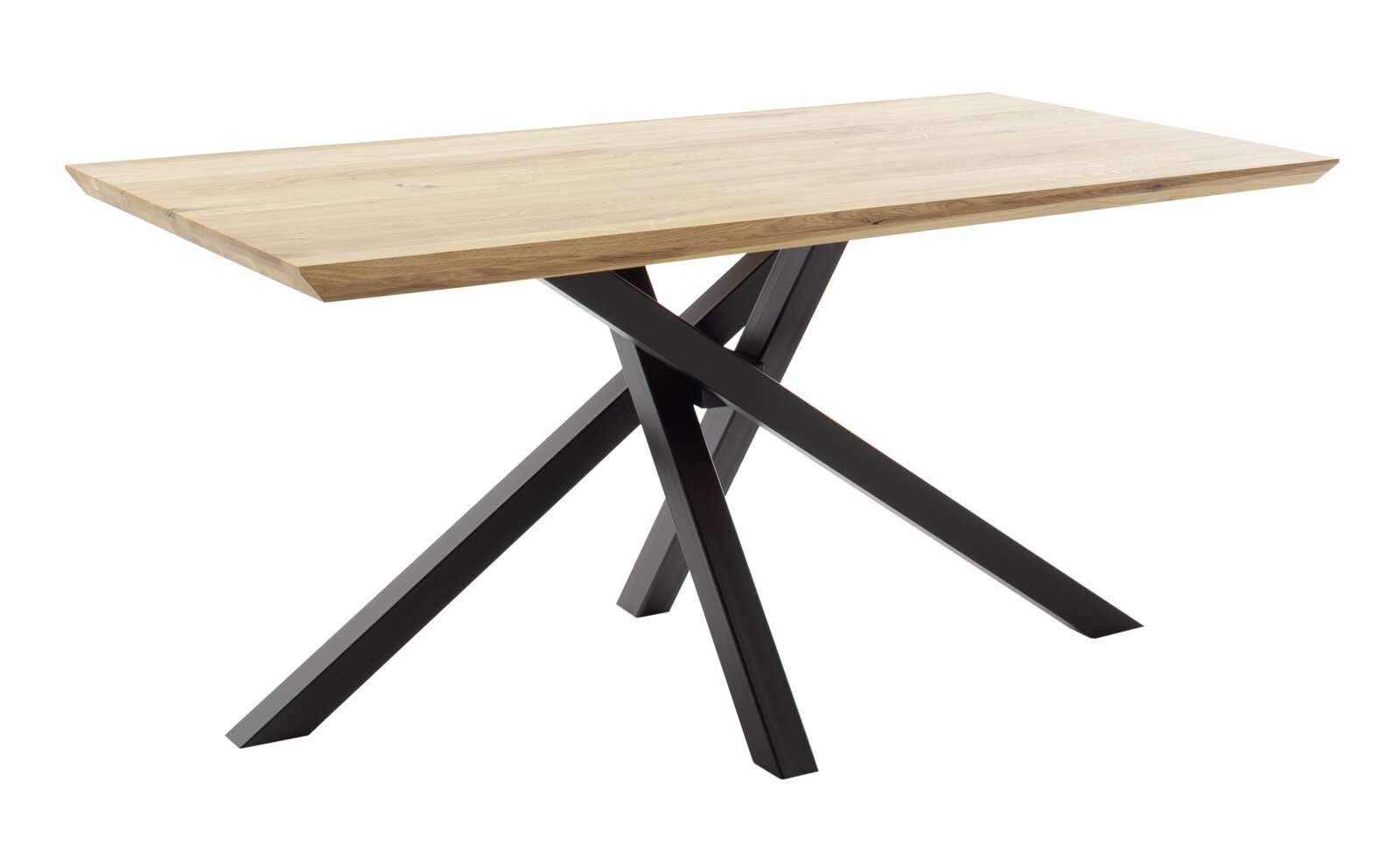 Moderner Esstisch mit Holzplatte und schwarzen Metallbeinen, seitliche Perspektive