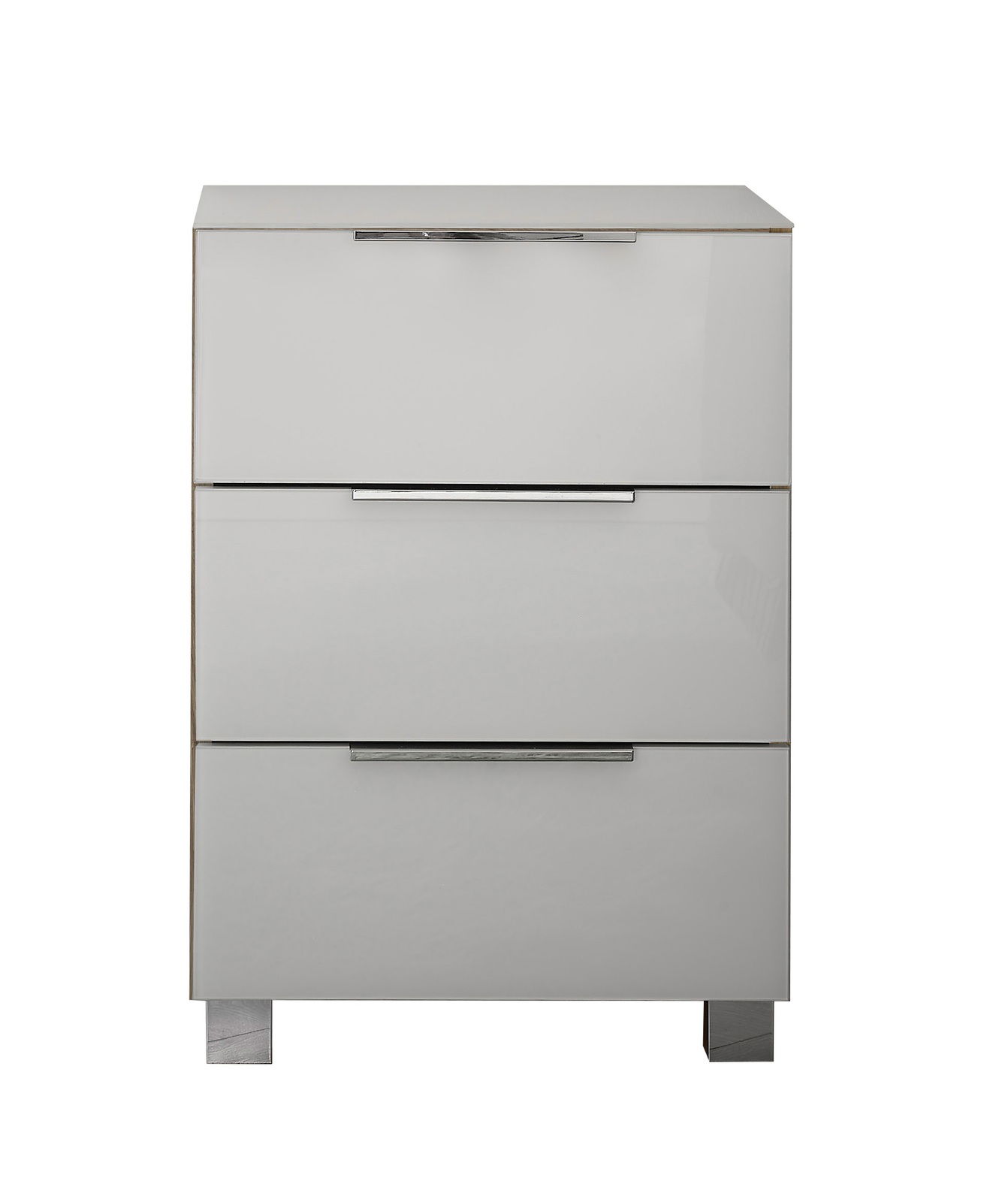 Moderne Nachtkommode mit drei Schubladen, frontal abgebildet, in glänzendem Weiß mit Metallgriffen.