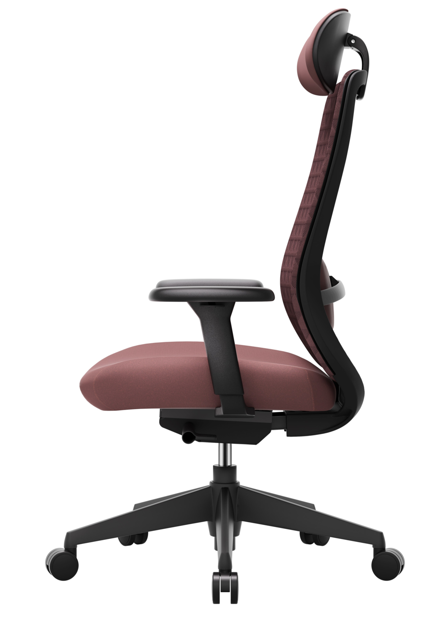 Moderner Drehstuhl in Seitenansicht mit ergonomischer Rückenlehne und Kopfstütze, gepolstert in einem dunklen Rotton.