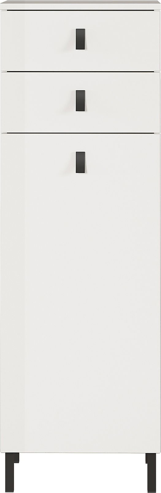 Weißer Mediumschrank mit drei Schubladen und schwarzen Griffen, Frontalansicht