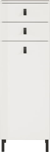 Weißer Mediumschrank mit drei Schubladen und schwarzen Griffen, Frontalansicht