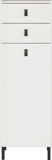 Weißer Mediumschrank mit drei Schubladen und schwarzen Griffen, Frontalansicht