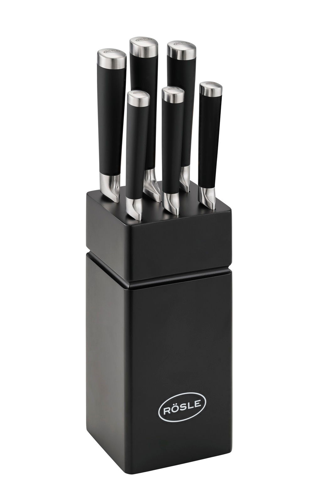 Schwarzer Messerblock mit sechs Messern, seitliche Perspektive