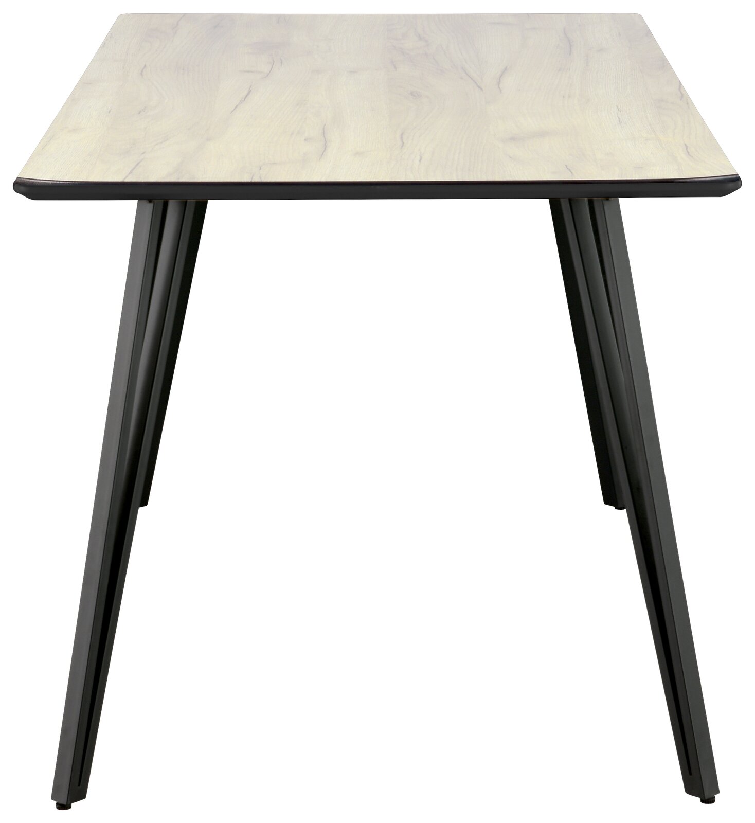 Moderner Esstisch mit heller Holzplatte und schwarzen Metallbeinen, frontal betrachtet.