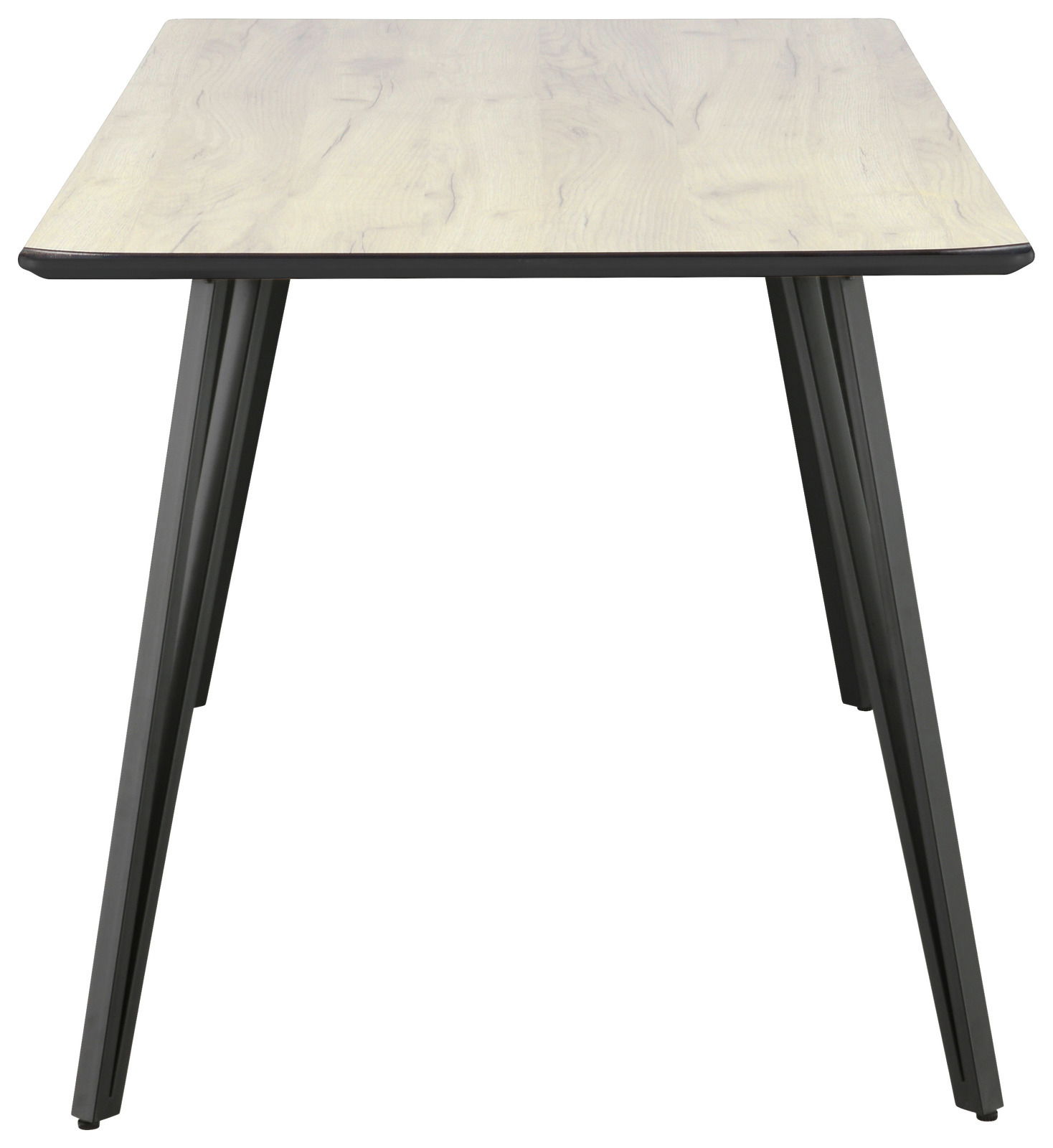 Moderner Esstisch mit heller Holzplatte und schwarzen Metallbeinen, frontal betrachtet.