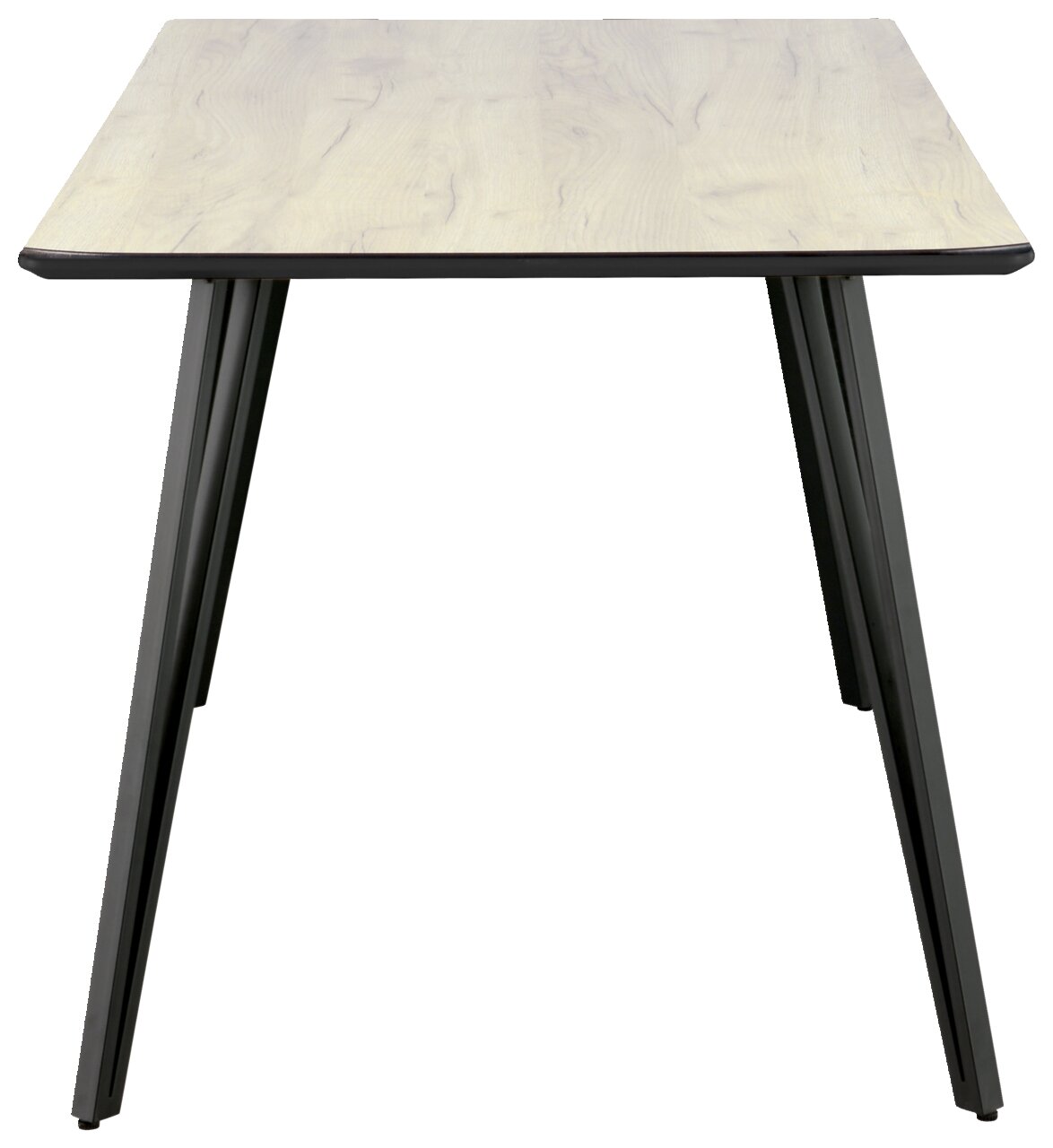 Moderne eettafel met een lichtgekleurd houten blad en zwarte metalen poten, gezien vanaf de voorkant.