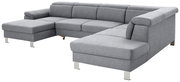 Graues Ecksofa in U-Form mit moderner Polsterung, Ansicht von schräg vorne.