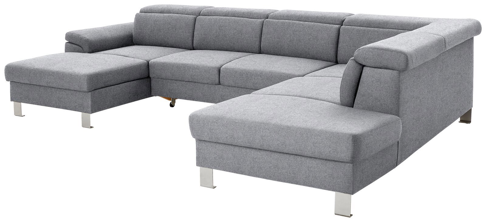 Graues Ecksofa in U-Form mit moderner Polsterung, Ansicht von schräg vorne.