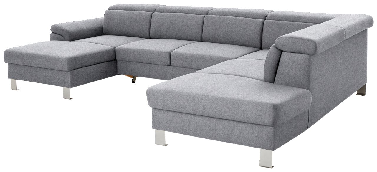 Graues Ecksofa in U-Form mit moderner Polsterung, Ansicht von schräg vorne.