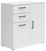 Weiße Kommode mit drei Schubladen und einer Tür, schwarze Griffe, Perspektive von vorne links