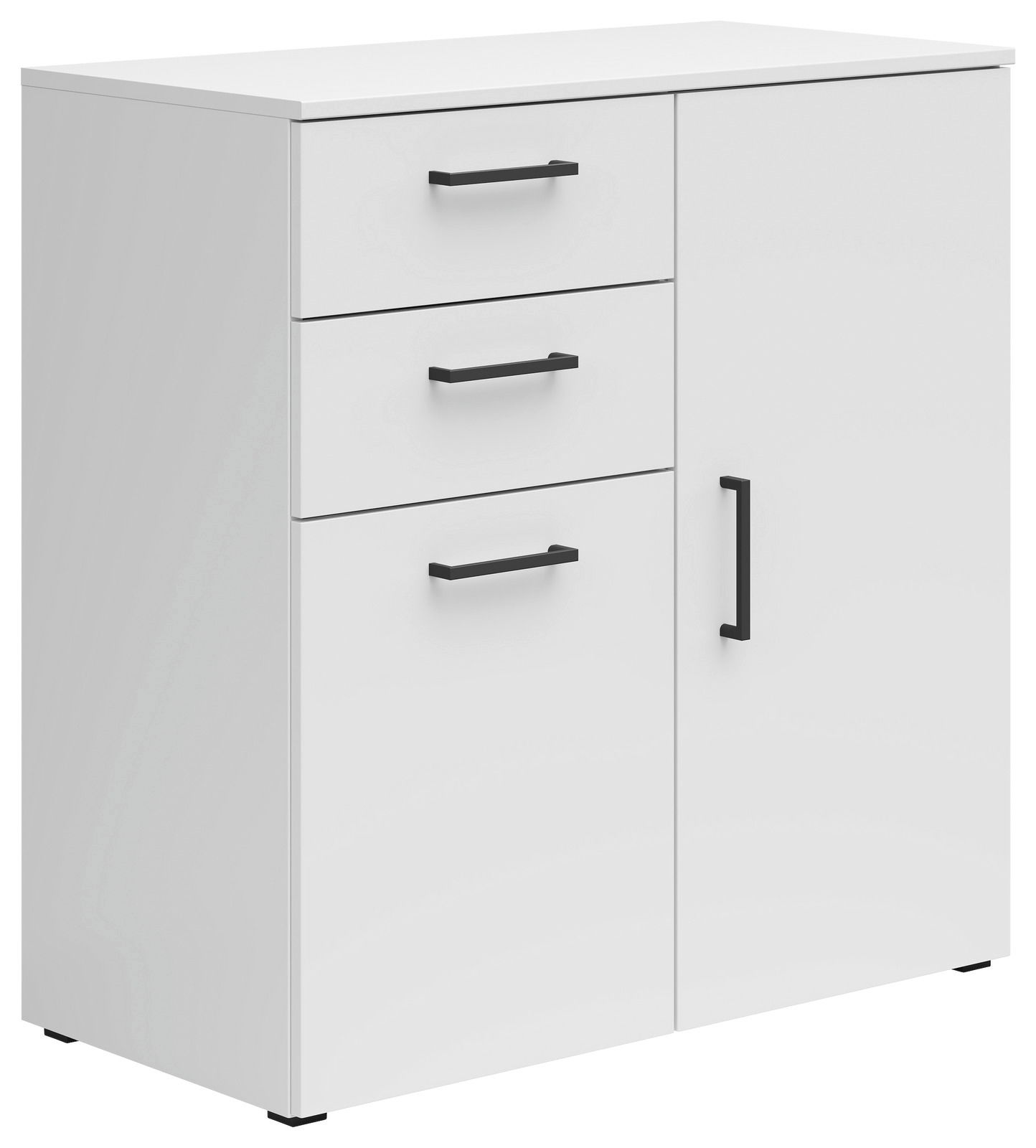 Weiße Kommode mit drei Schubladen und einer Tür, schwarze Griffe, Perspektive von vorne links